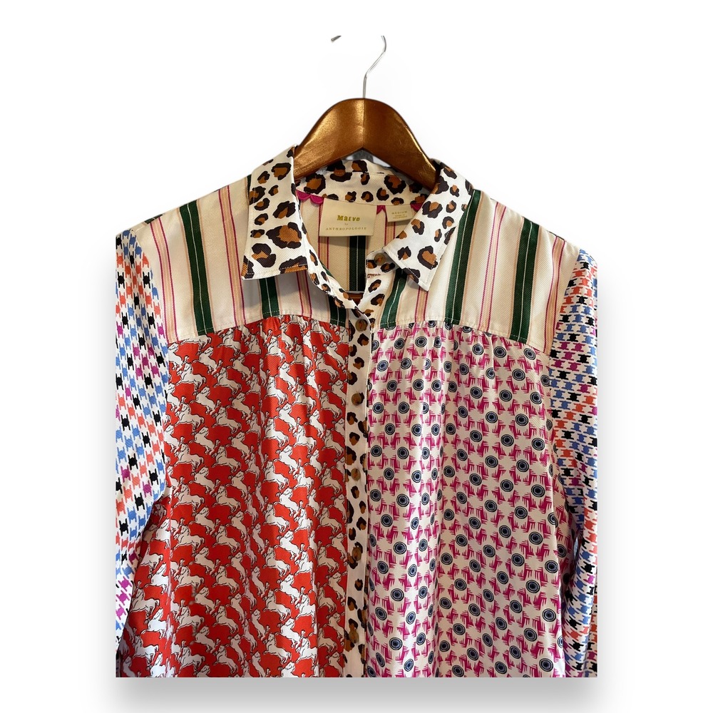 Maeve Anthropologie Bernadette Mixed Print Patchwork Button Down Shirt Medium - Picture 2 of 6